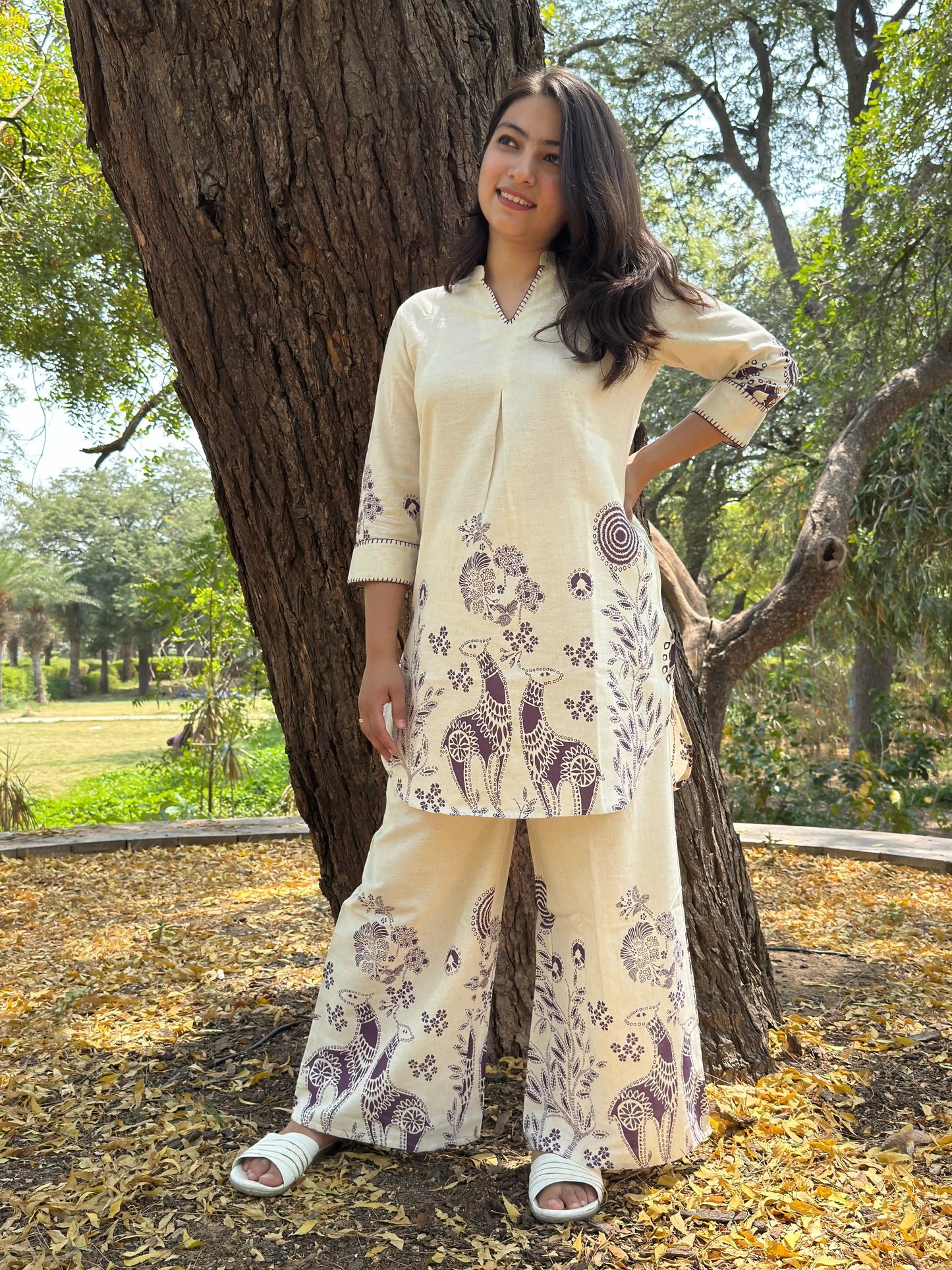 Beige Printed Coord Set