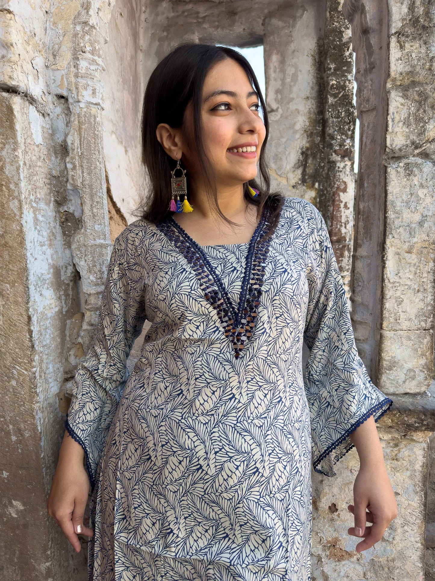 Roslic leaf printed V-neck mirror work kurta with tulip pant co-ords set