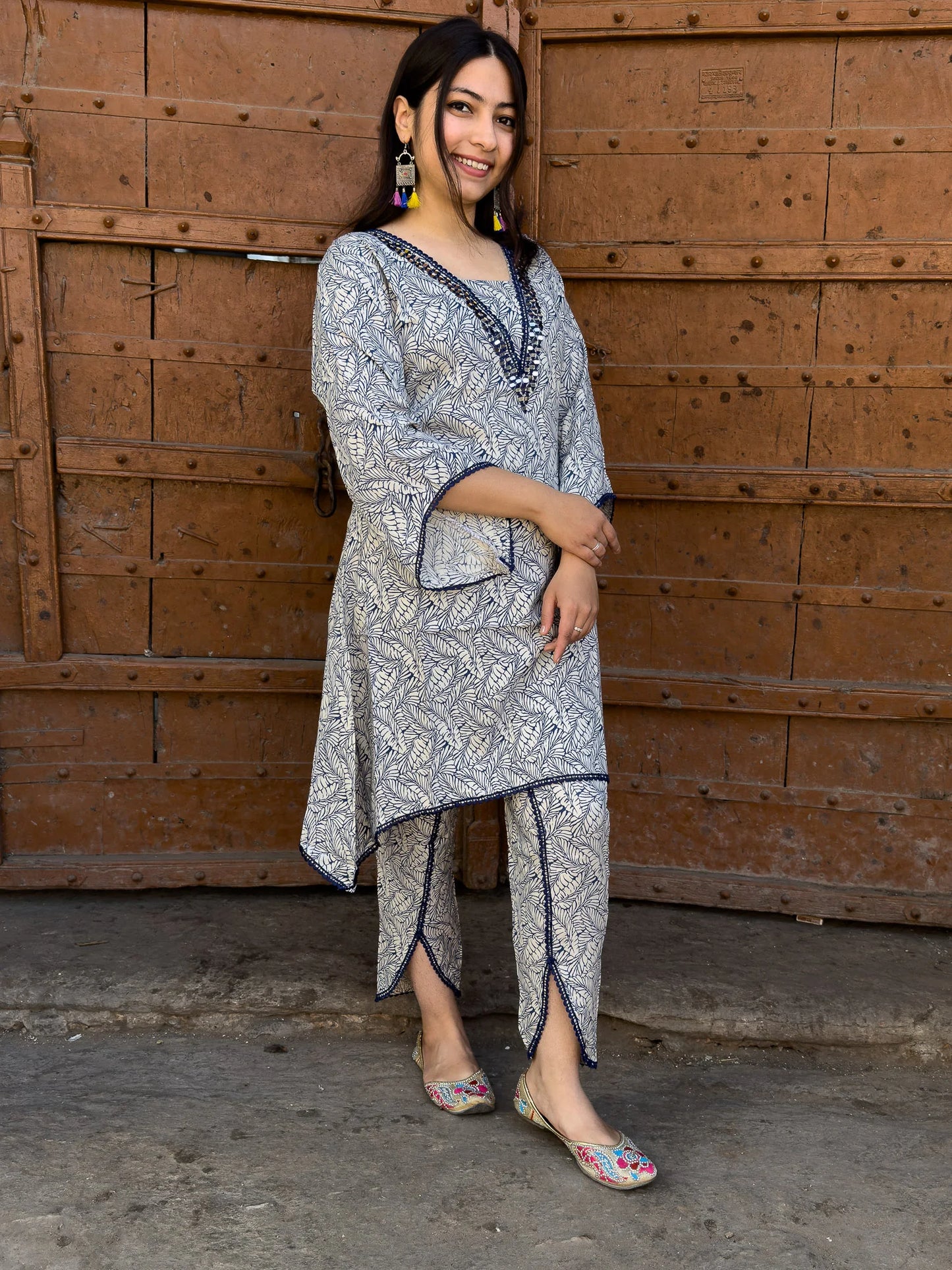 Roslic leaf printed V-neck mirror work kurta with tulip pant co-ords set