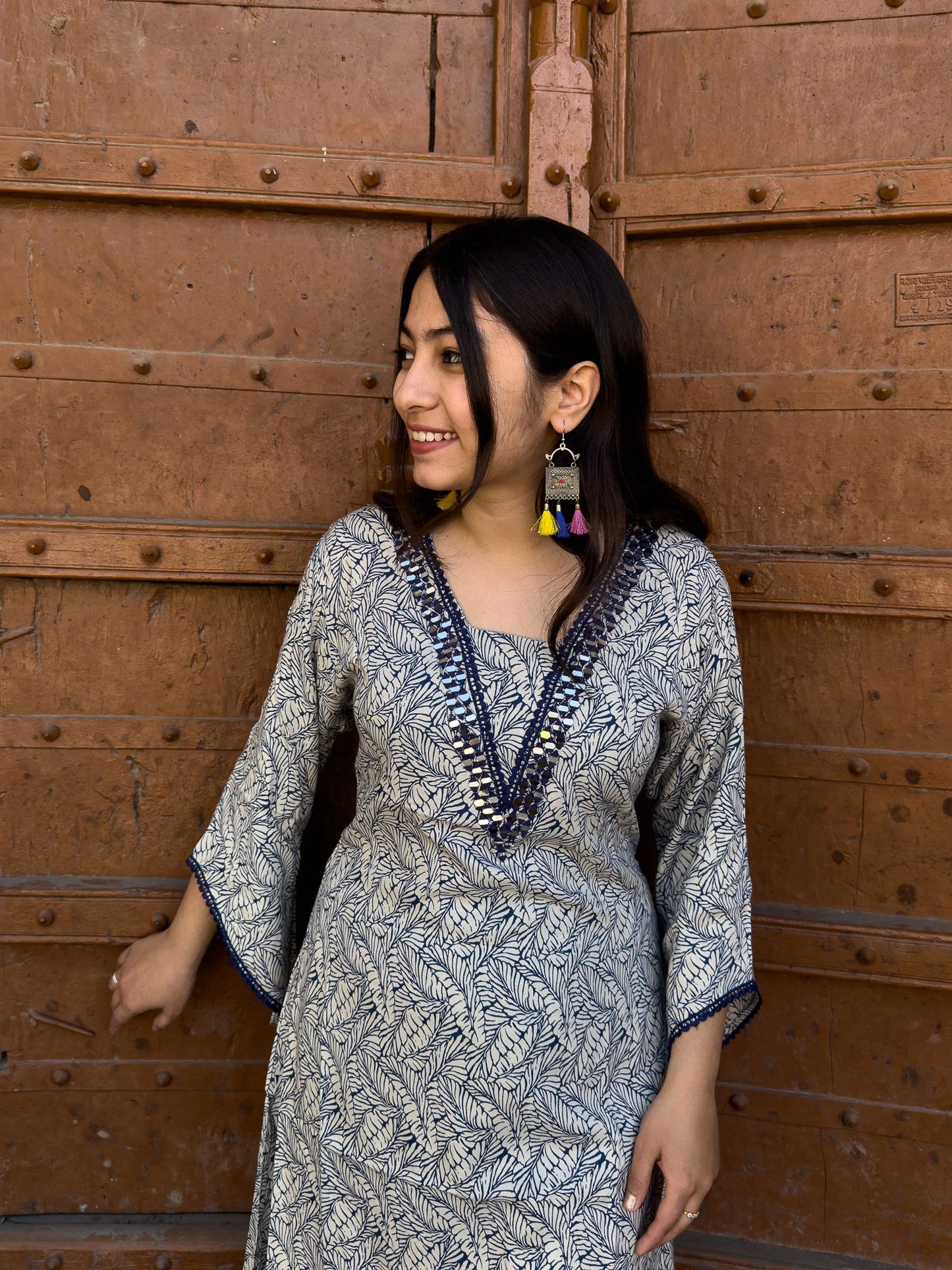 Roslic leaf printed V-neck mirror work kurta with tulip pant co-ords set