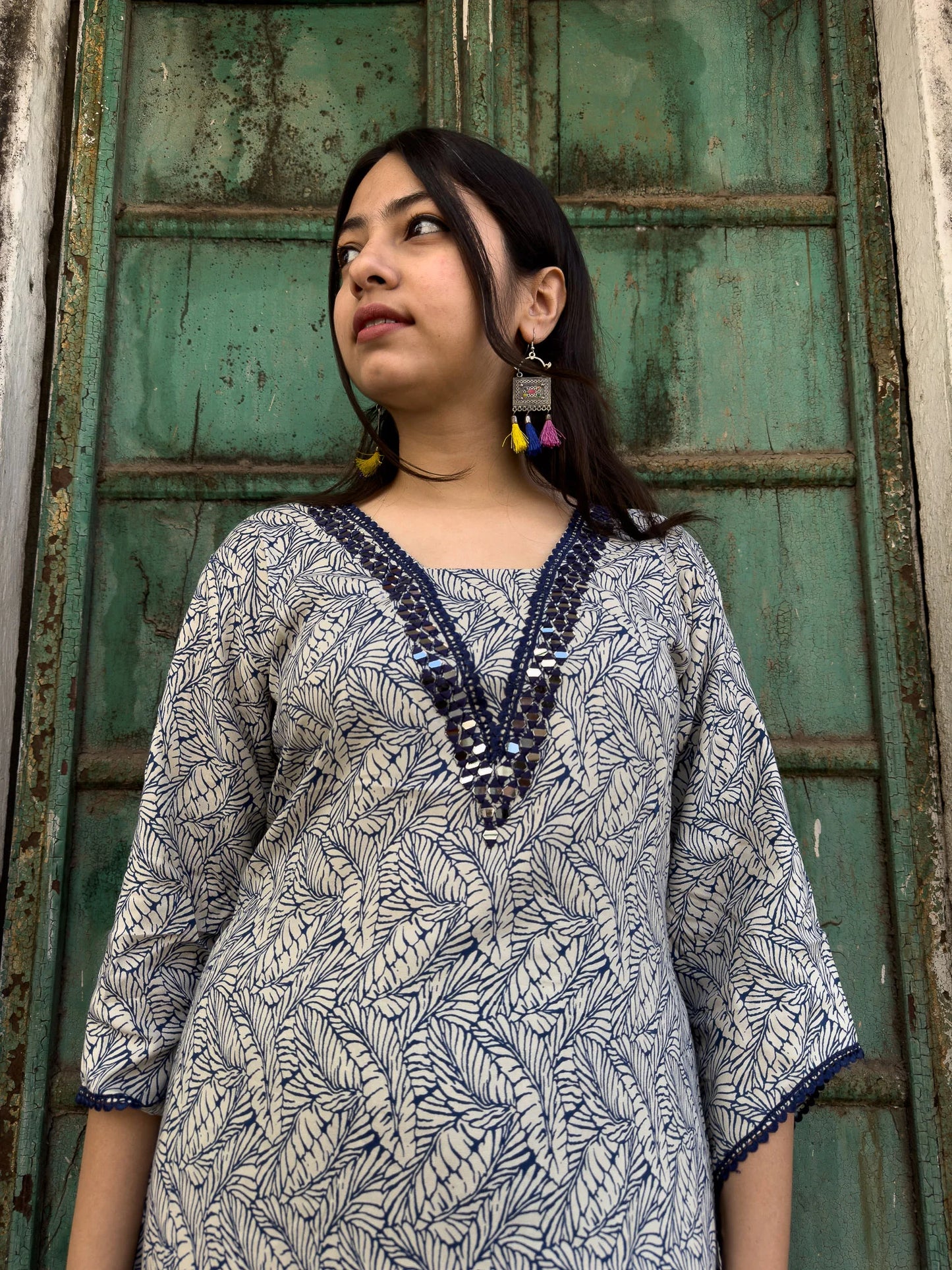 Roslic leaf printed V-neck mirror work kurta with tulip pant co-ords set