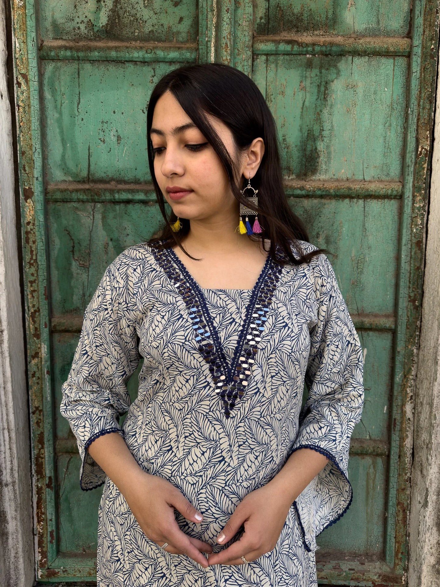 Roslic leaf printed V-neck mirror work kurta with tulip pant co-ords set