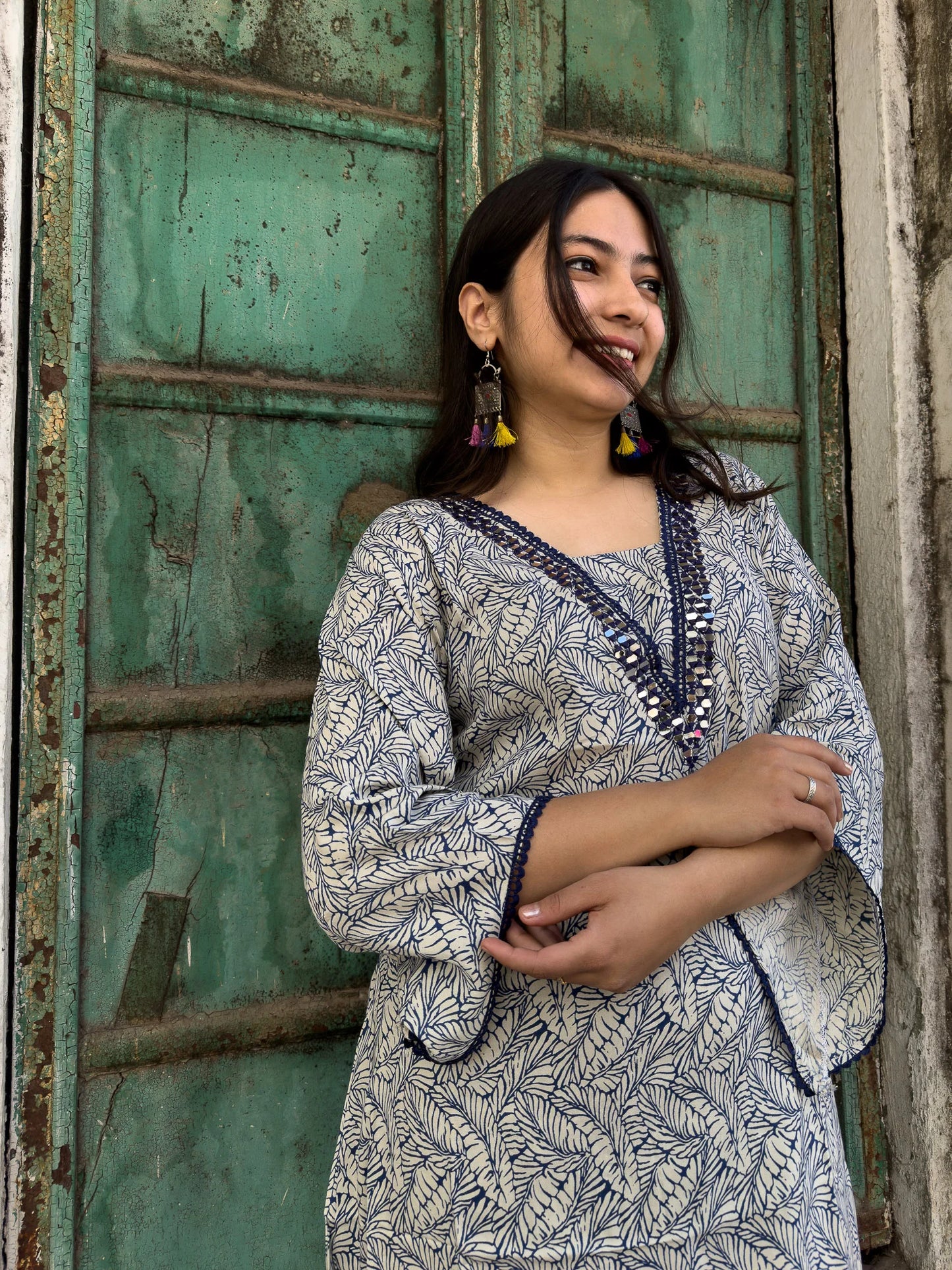 Roslic leaf printed V-neck mirror work kurta with tulip pant co-ords set