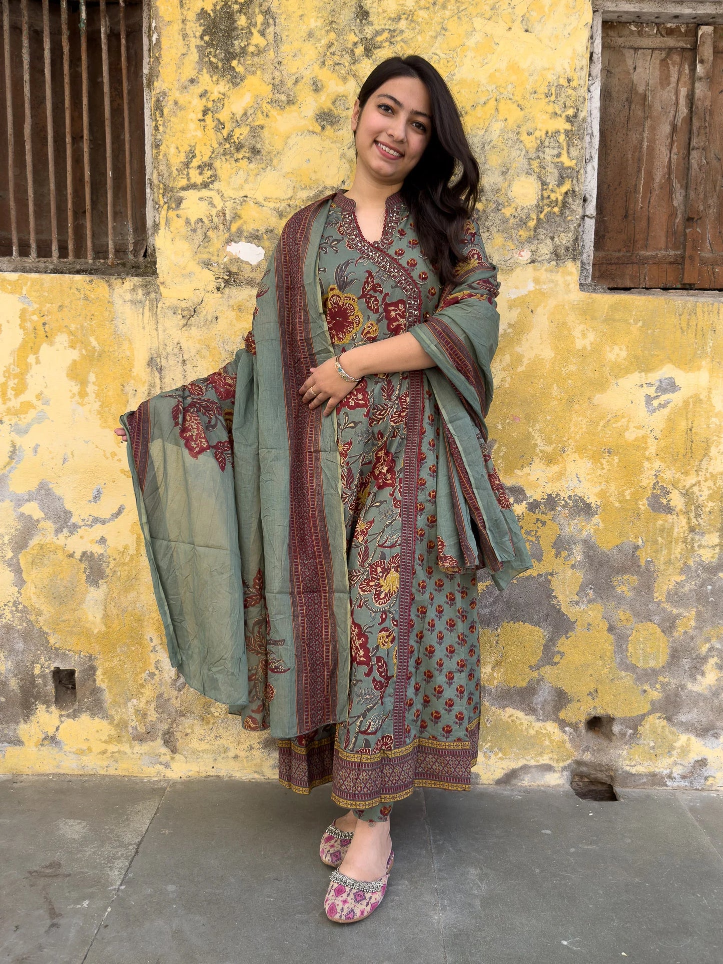 Roslic™ Rama green printed angrakha long kurta set
