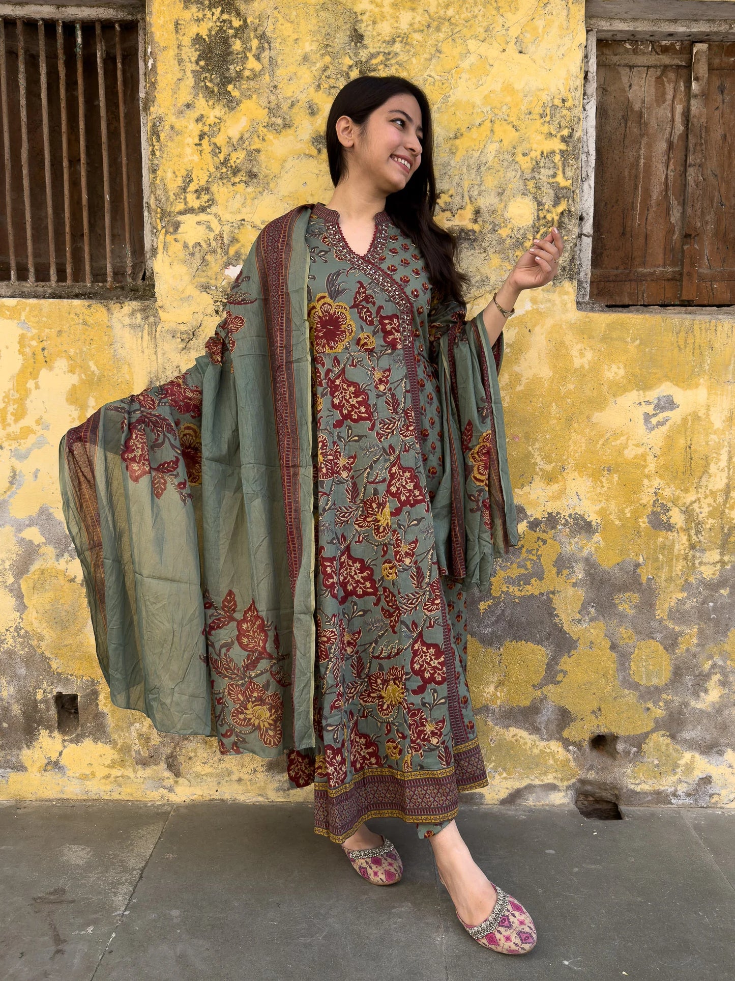 Roslic™ Rama green printed angrakha long kurta set