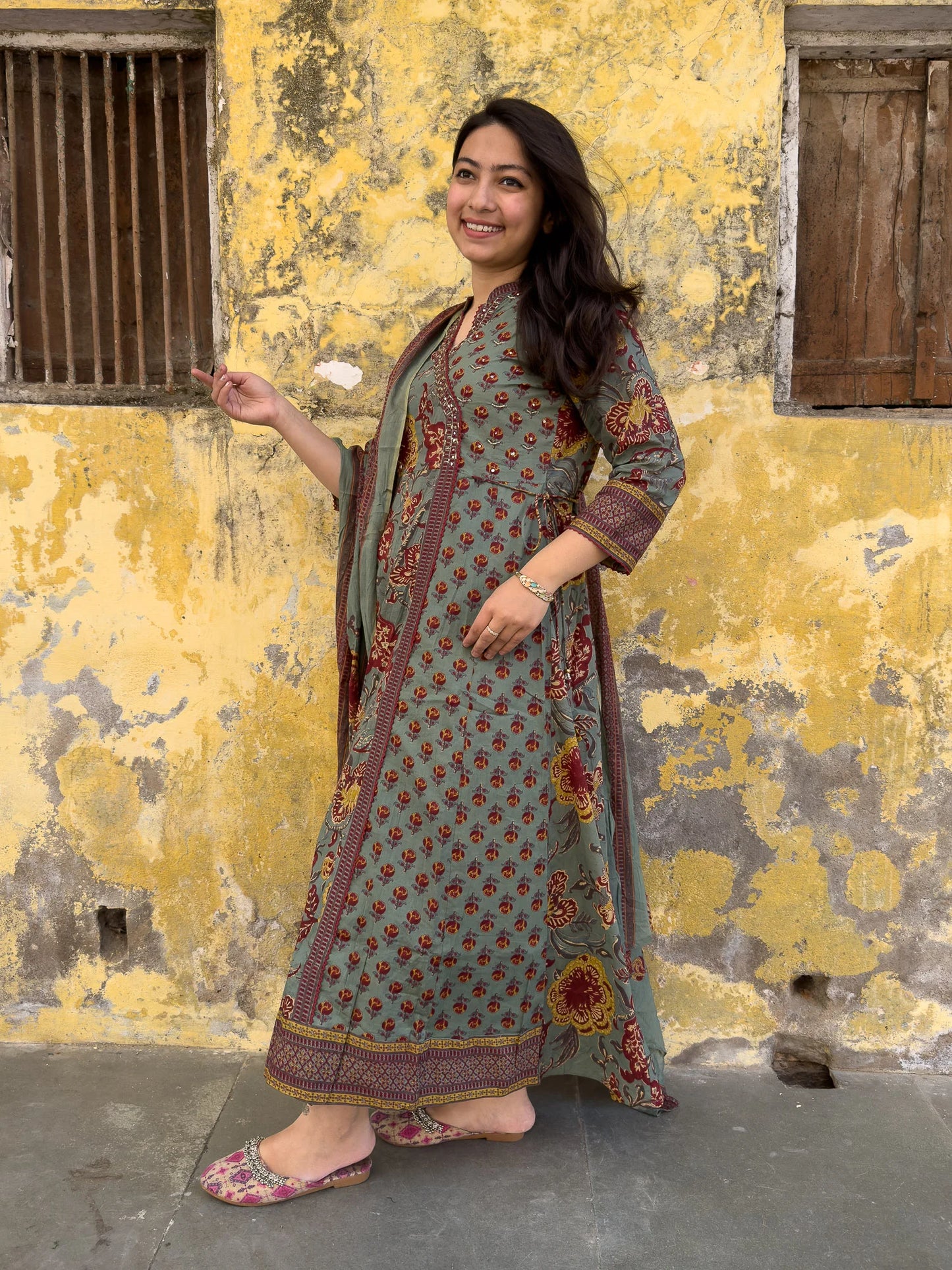 Roslic™ Rama green printed angrakha long kurta set