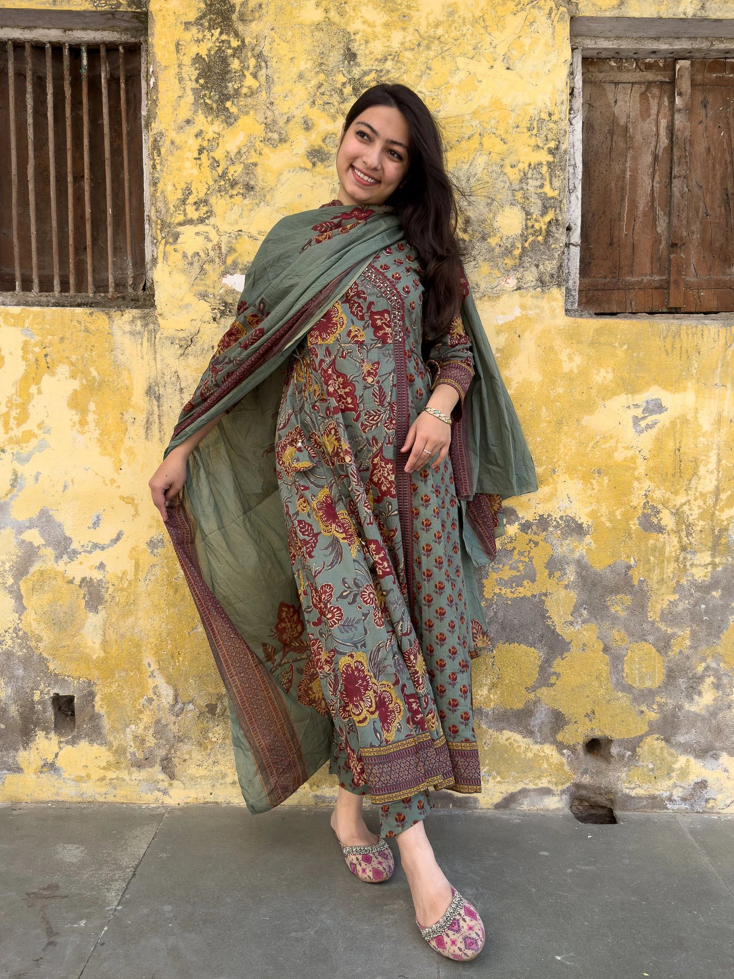 Roslic™ Rama green printed angrakha long kurta set