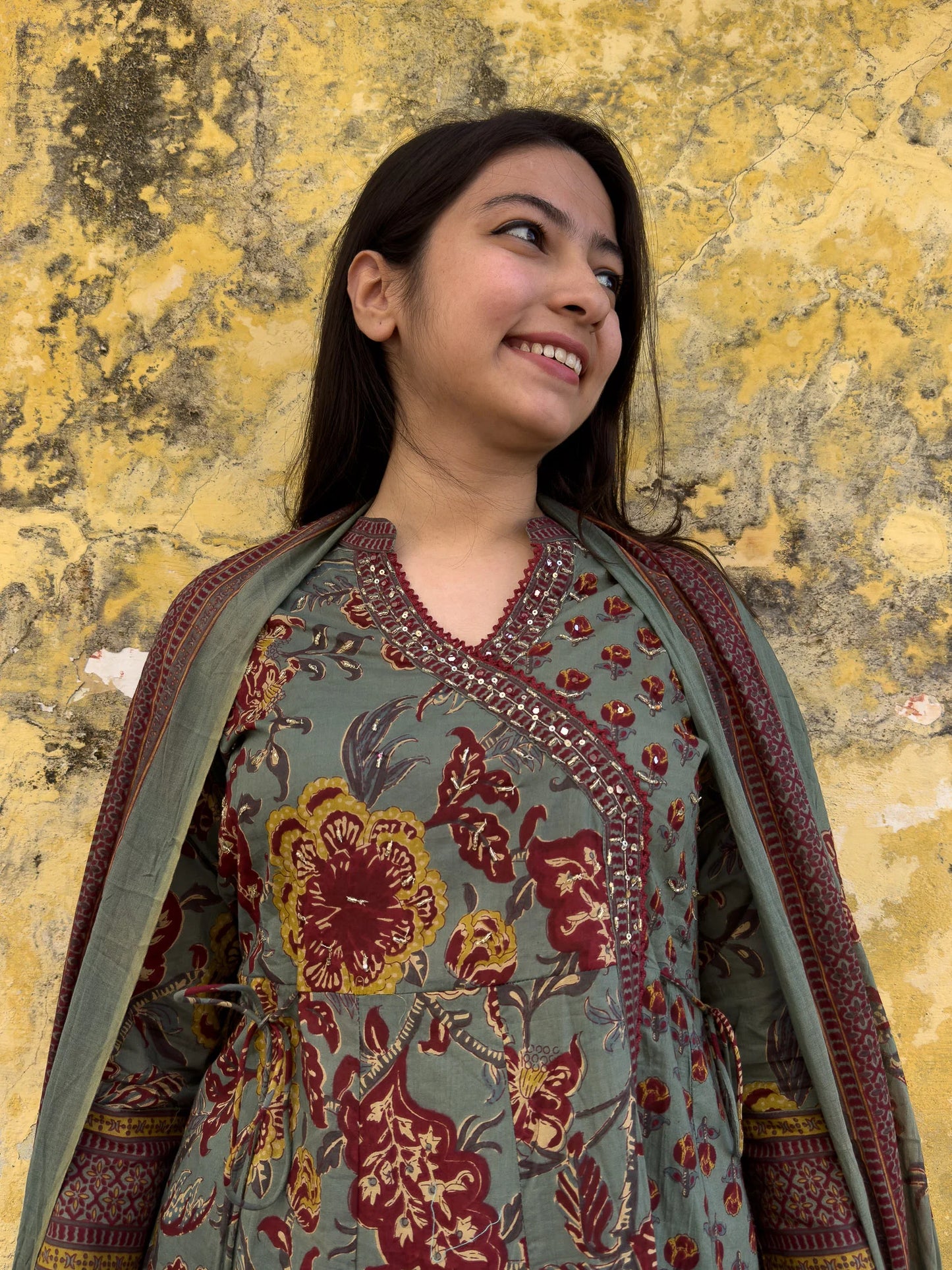 Roslic™ Rama green printed angrakha long kurta set