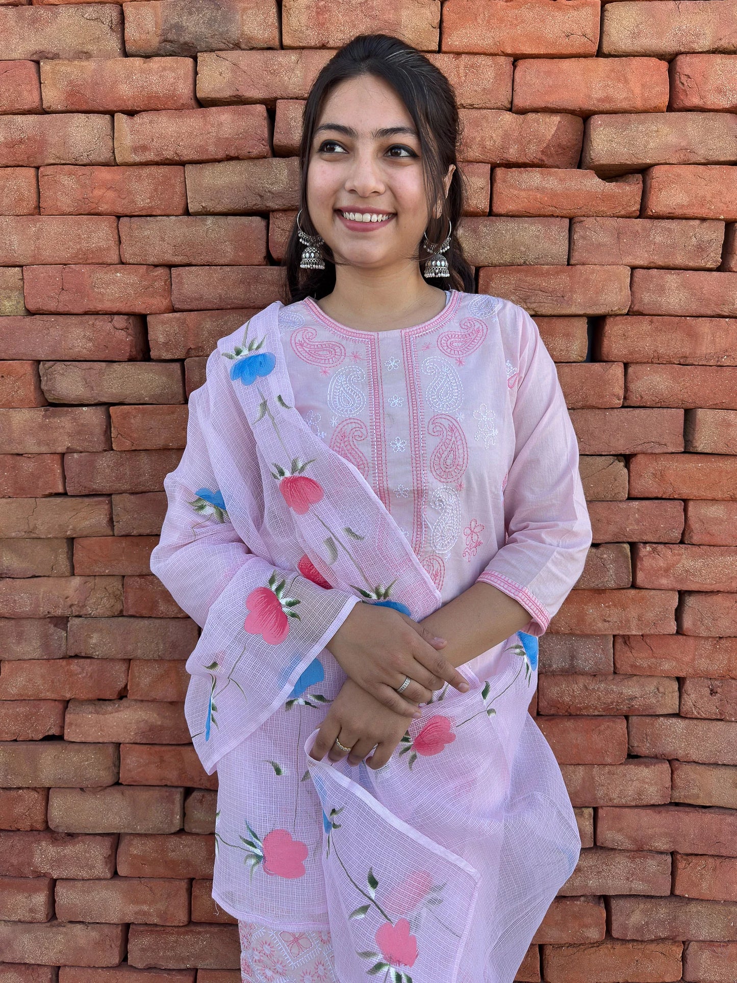 Roslic™ baby pink tread work kurta set with hand painted dupatta