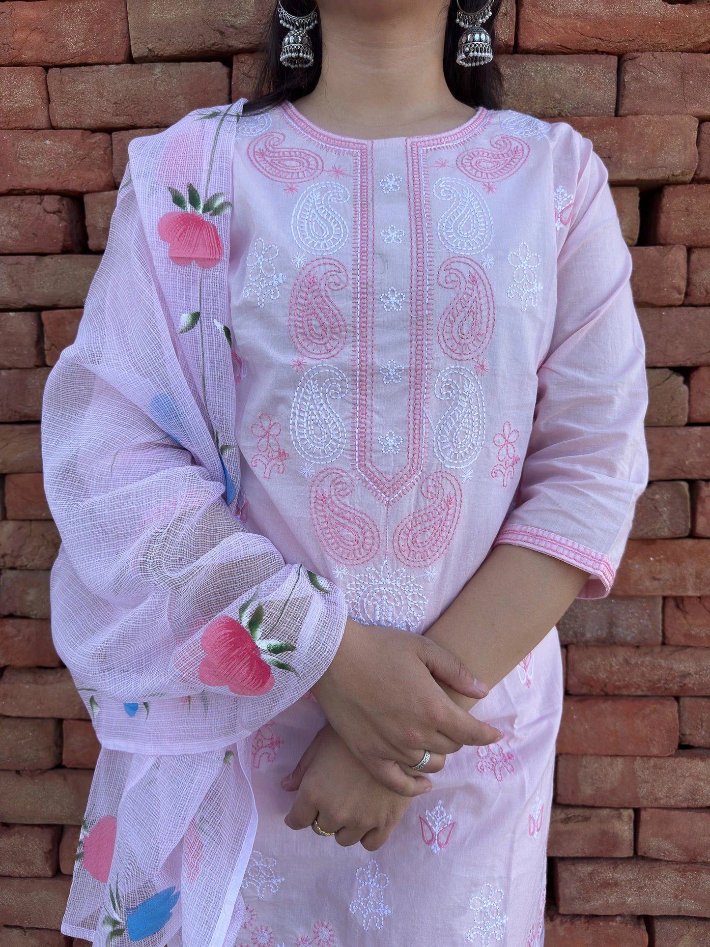 Roslic™ baby pink tread work kurta set with hand painted dupatta