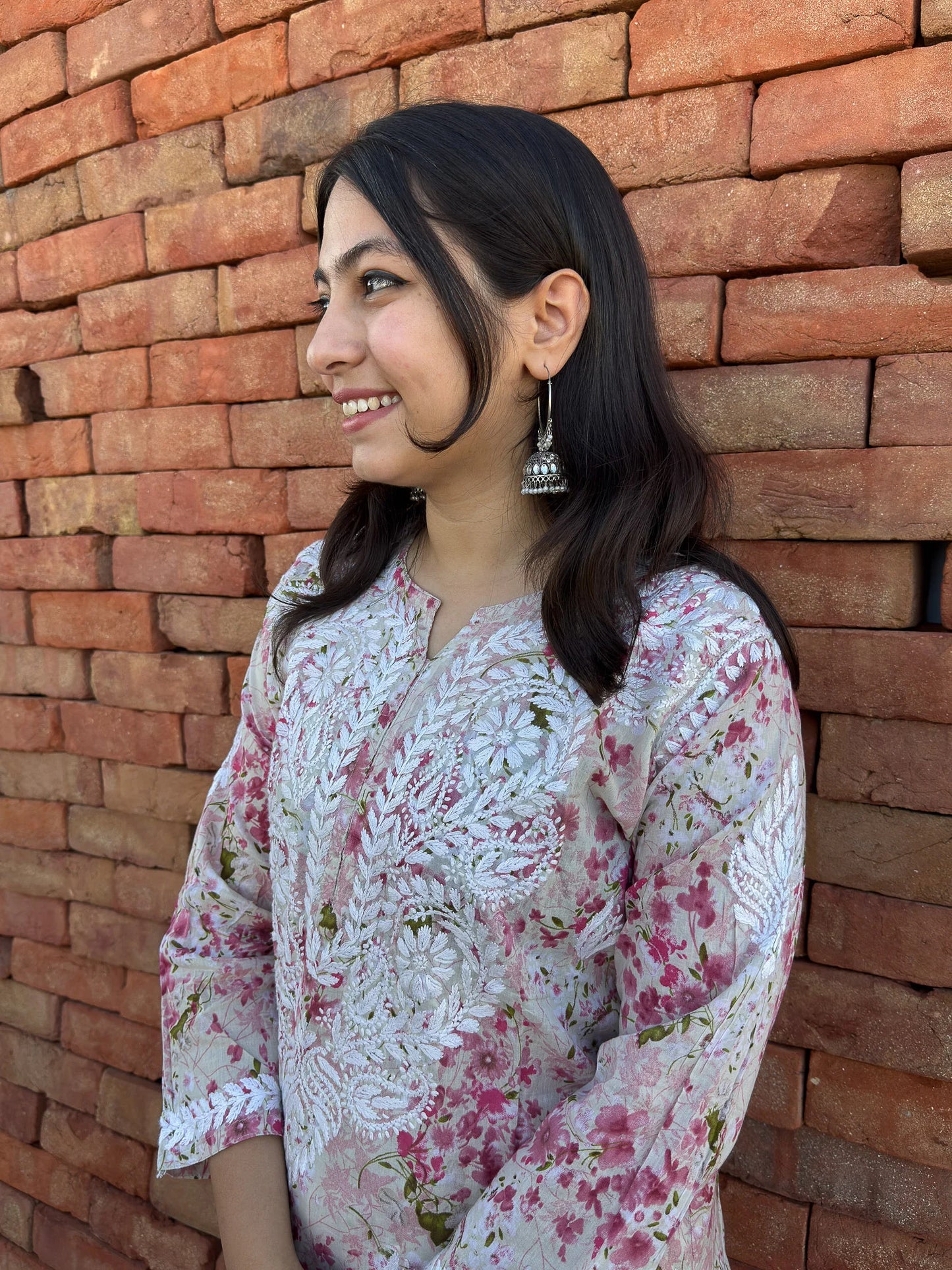 Roslic™ baby pink floral printed co-ord setwith chikankari work