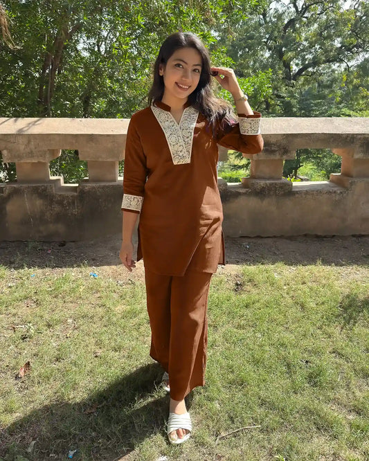 Lacework Palazzo Coord Set brown