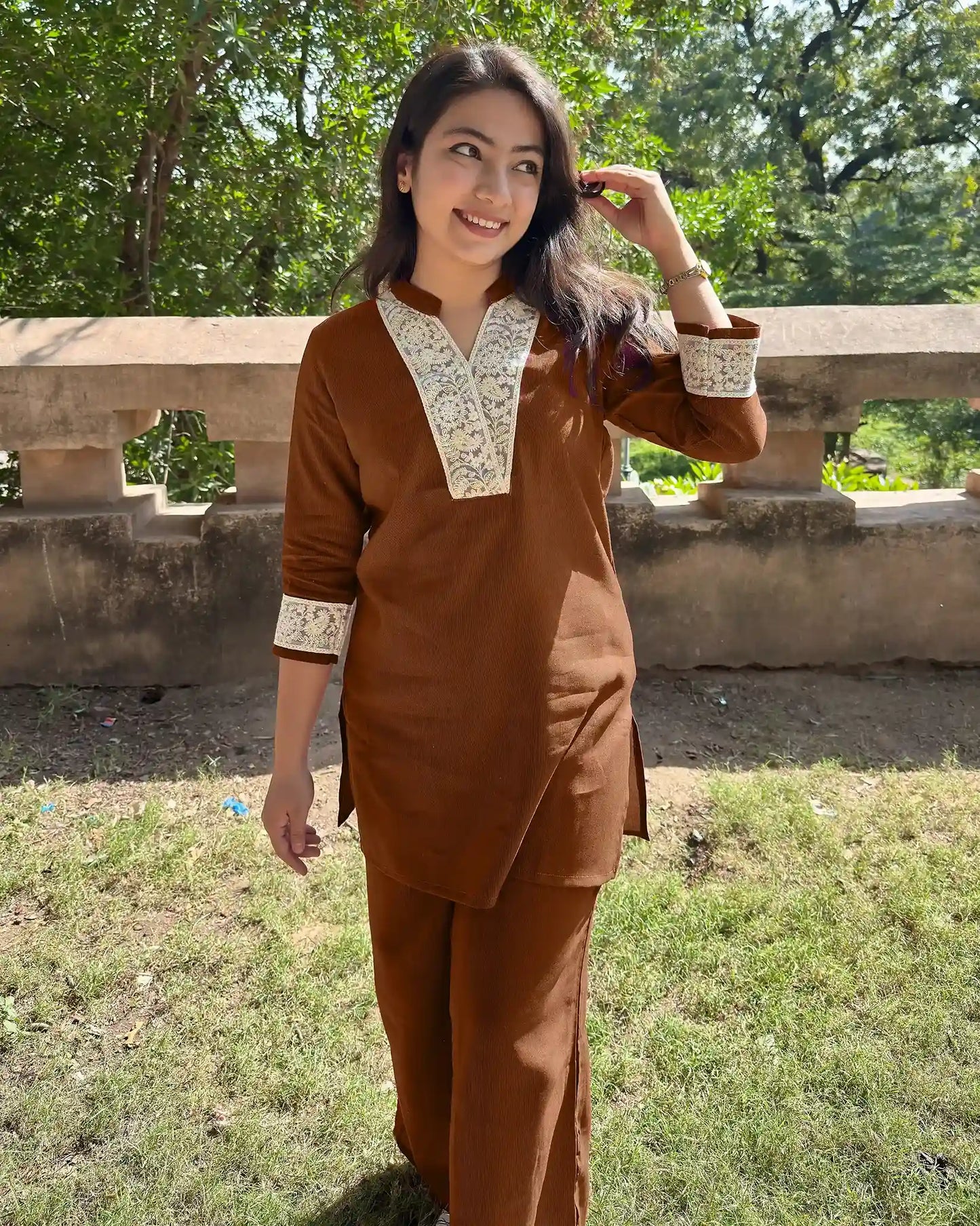 Lacework Palazzo Coord Set brown